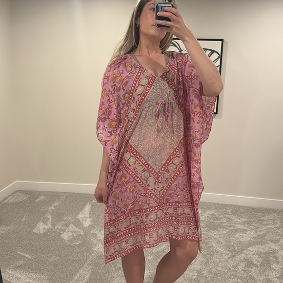Antik Batik Nootka Kaftan Pink Floral Size Large Cotton Maxi Sundress Like New - Picture 1 of 11